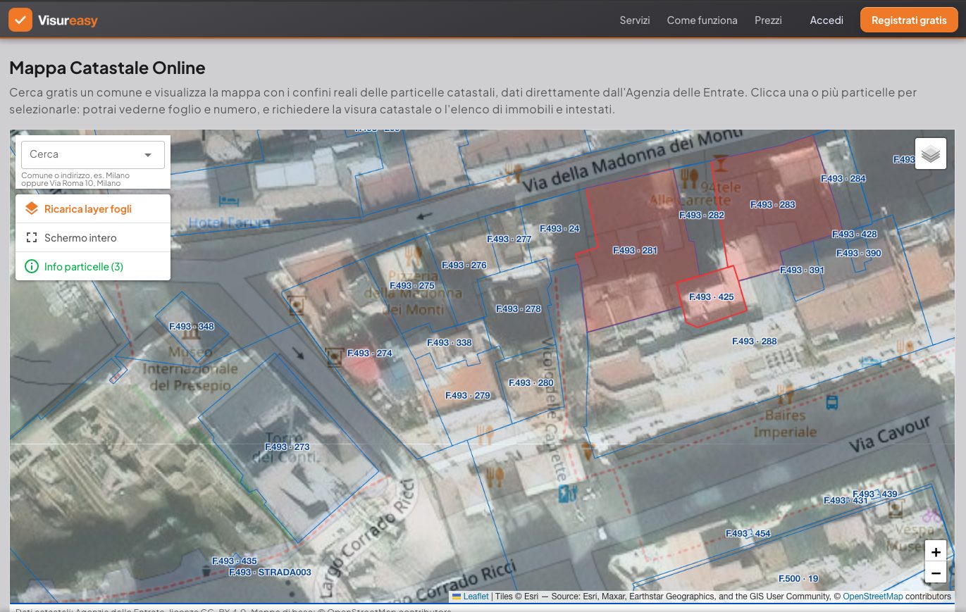 Mappa catastale online Visureasy con confini particelle catastali